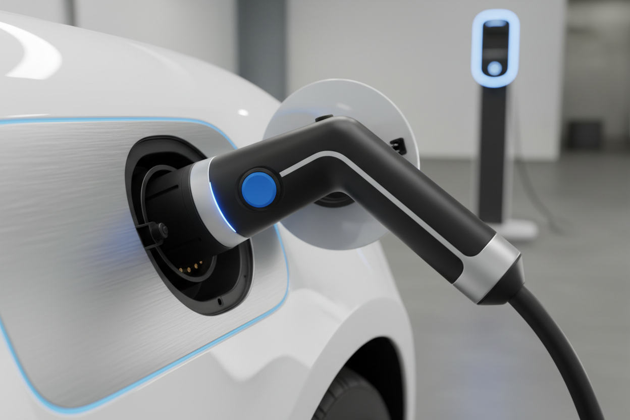 Mechanically ejects the EV charger handle instantly when the driver clicks the disengage button — preventing port damage and forced unplugging.