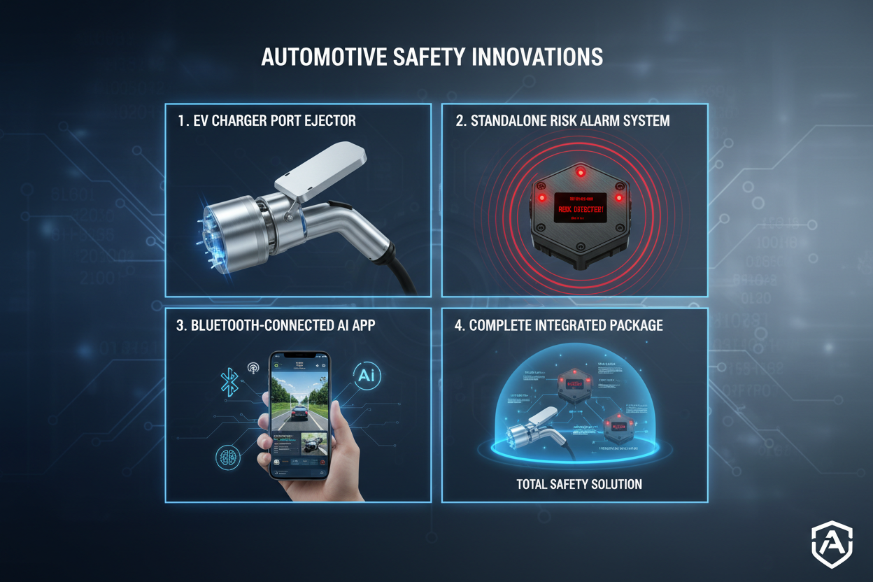 What We Do

Eject X develops cutting-edge safety solutions, including:

EV Charger Port Ejector
Prevents port damage and ensures smooth, automatic charger release.

Standalone Risk Alarm System
Detects threats with sensors and alerts users with flashes and alarms.

Bluetooth-Connected Risk System + AI App
Real-time AI video processing to identify potential risks around the vehicle.

Complete Integrated Security Packages
Combining mechanical, electronic, and AI technologies into one system.